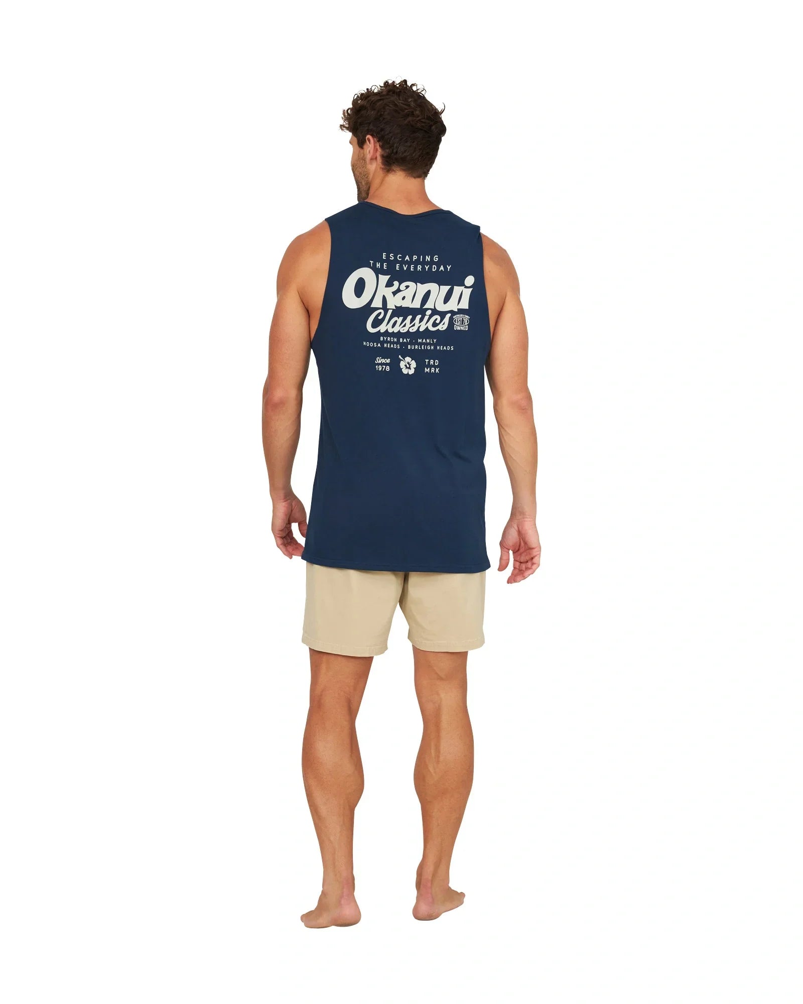 A full back view of the Okanui Big Screen Tank in Navy.