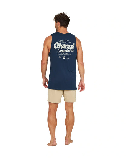 A full back view of the Okanui Big Screen Tank in Navy.