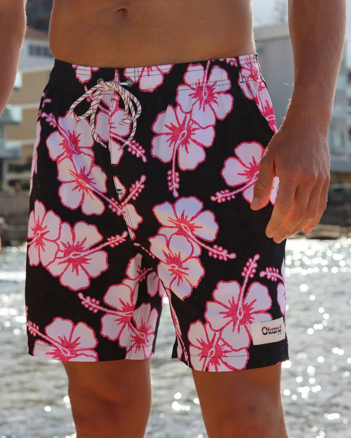 Mens - Stretch Swim Short - Way Back When - Black Pink