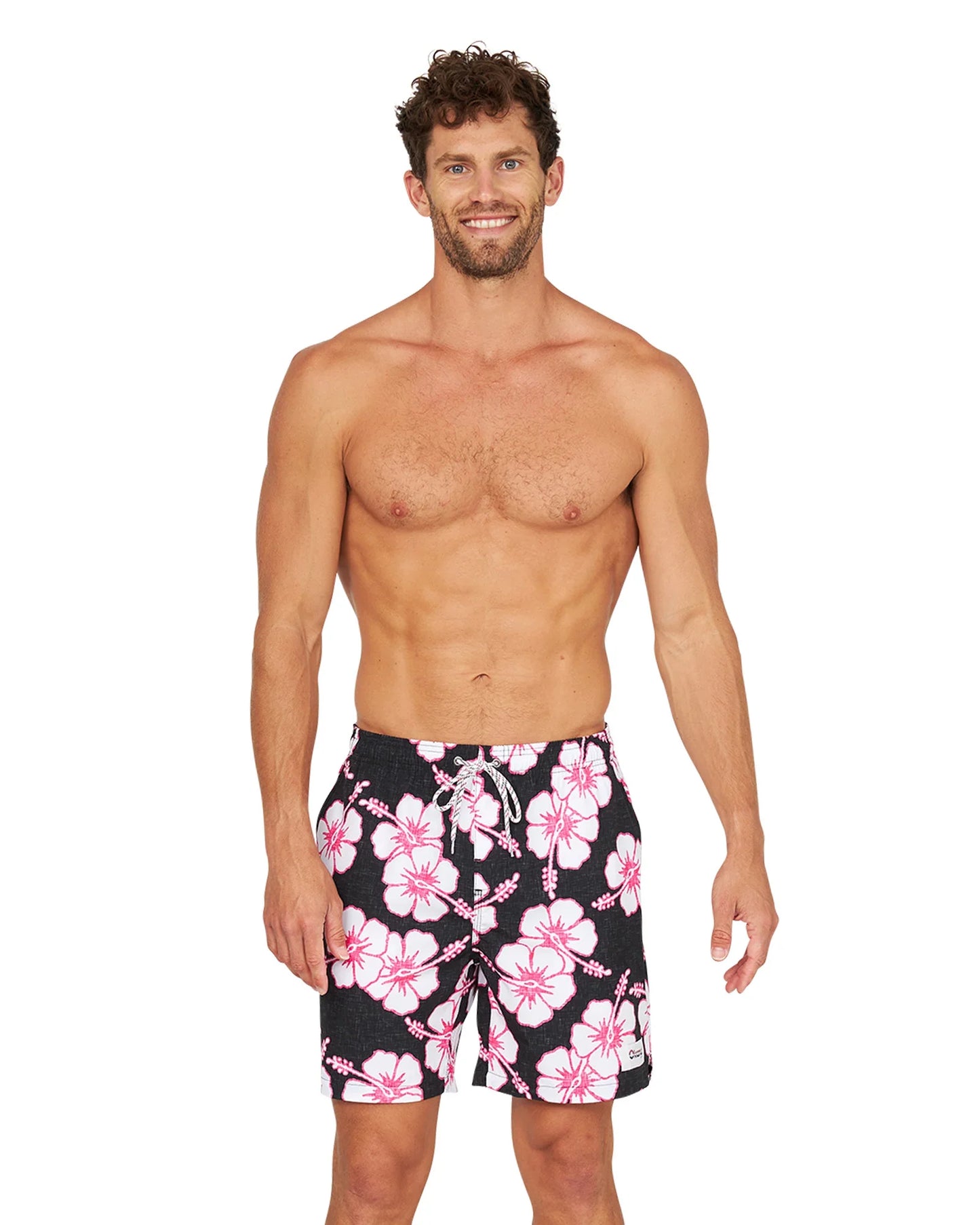 Mens - Stretch Swim Short - Way Back When - Black Pink
