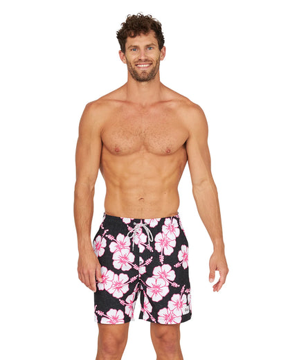 Mens - Stretch Swim Short - Way Back When - Black Pink