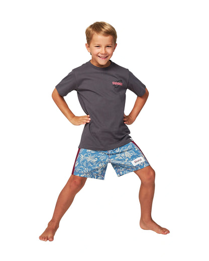 Full body front view of a little boy wearing the Okanui Kids Dazed Iron Tee T-shirt in Washed Black