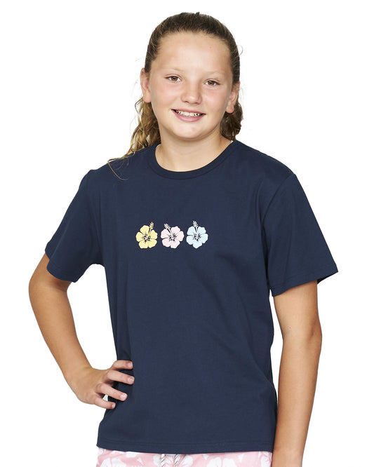 Closeup front view of a girl wearing the Okanui Mermaid Tee T-shirt in Navy