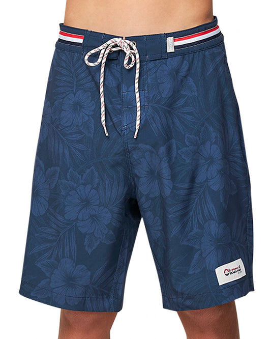 Front view of the Okanui Midnight Jungle boardrider board shorts in Navy