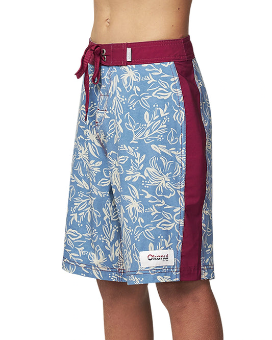 Angled view of the Okanui Kids Boardrider boardshorts in Steel