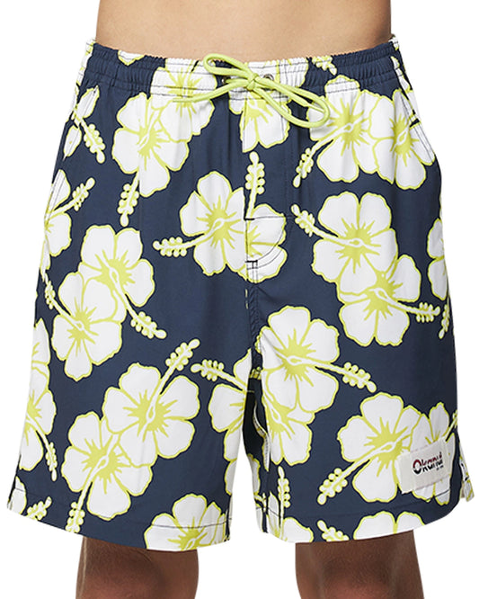 Front view of the Okanui Way Back When kids swim shorts in Navy Lime