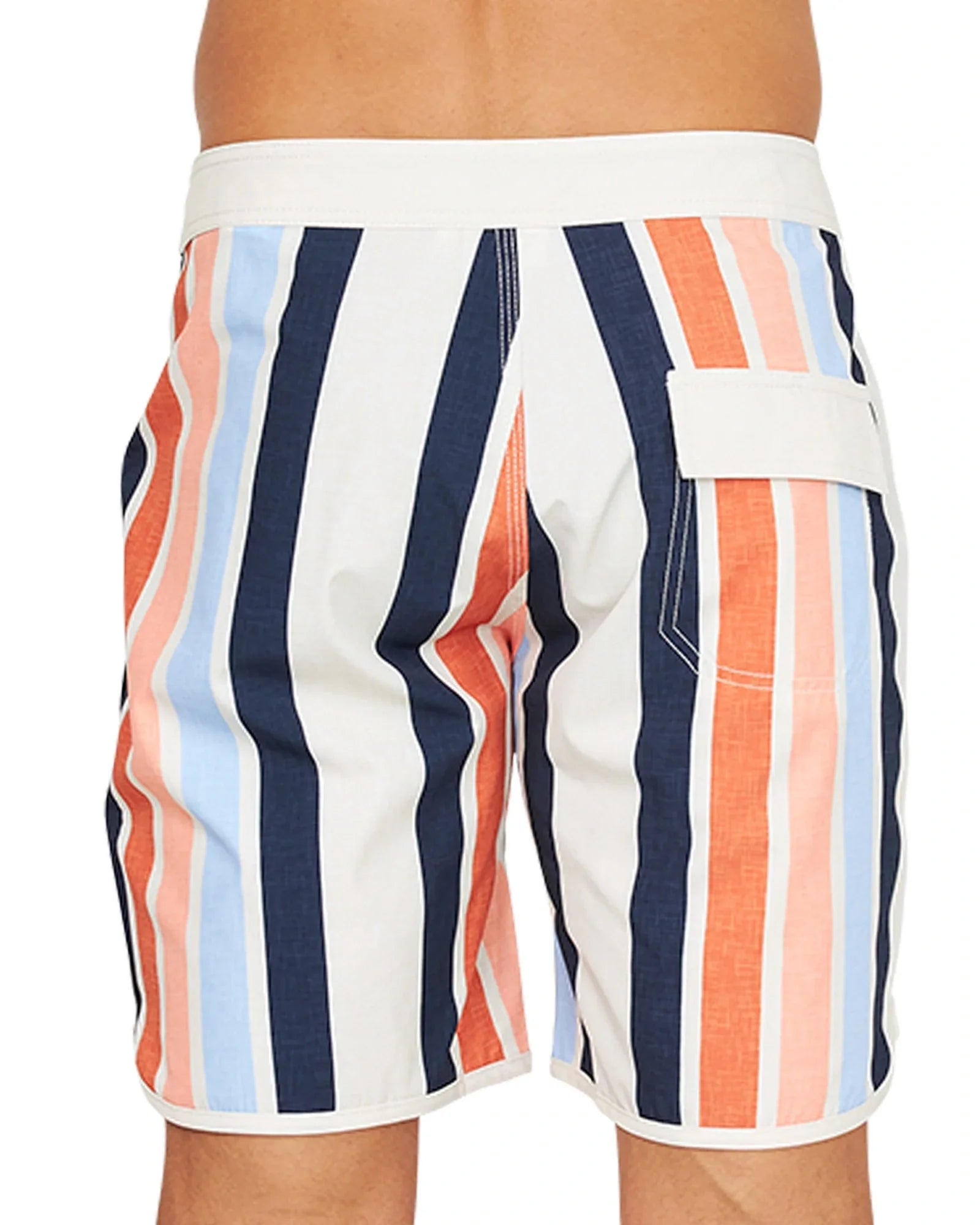 Close up back view of the Okanui Above Board Retro Boardrider Boardshort in Birch Multi.