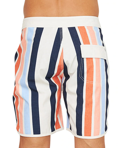 Close up back view of the Okanui Above Board Retro Boardrider Boardshort in Birch Multi.
