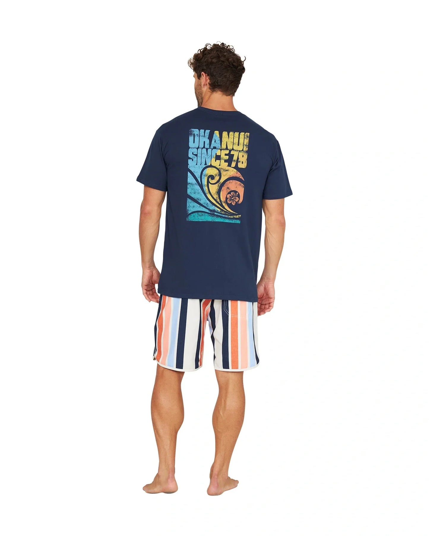 A full back view of a male model wearing a navy shirt with back print and the Okanui Above Board Retro Boardrider Boardshort in Birch Multi.