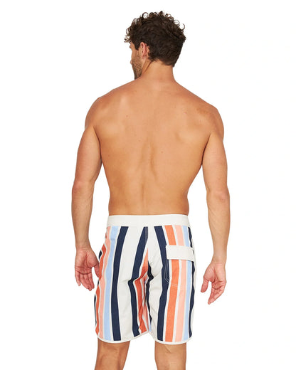Back view of a shirtless male model wearing the Okanui Above Board Retro Boardrider Boardshort in Birch Multi.