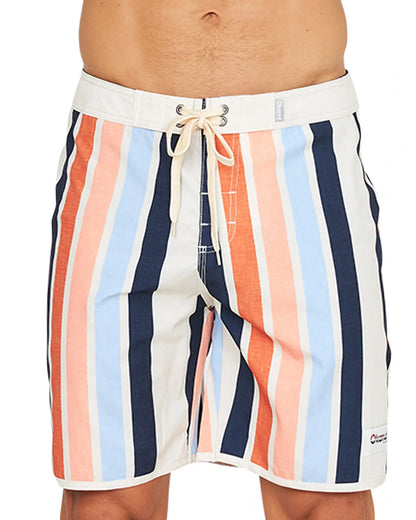 Close up front view of the Okanui Above Board Retro Boardrider Boardshort in Birch Multi.