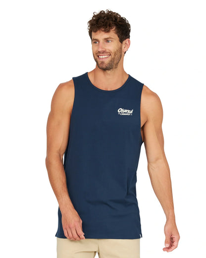 A casual front view of the Okanui Big Screen Tank in Navy