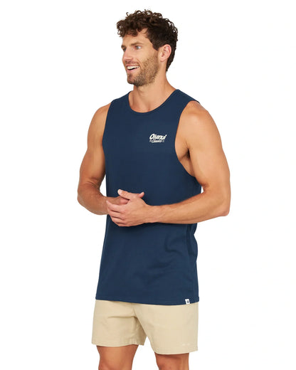 A front view of the Okanui Big Screen Tank in Navy