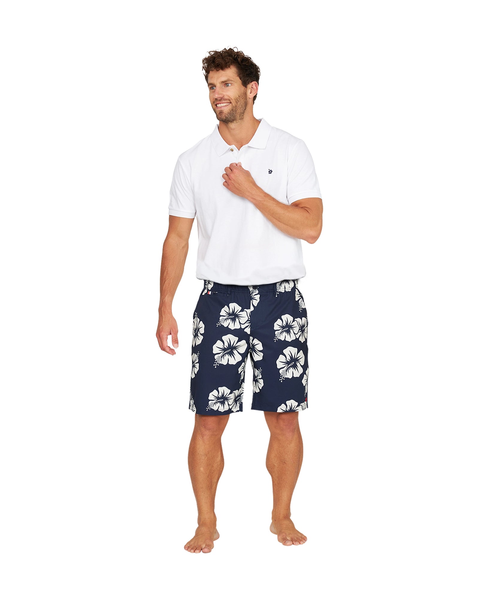 Full front view of a male model wearing the Okanui Active Byrd Golf Shorts in navy stone color.