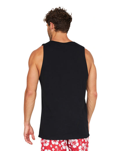 Closer back view of a male model wearing the Okanui Eclipse Tank in Washed Black color.