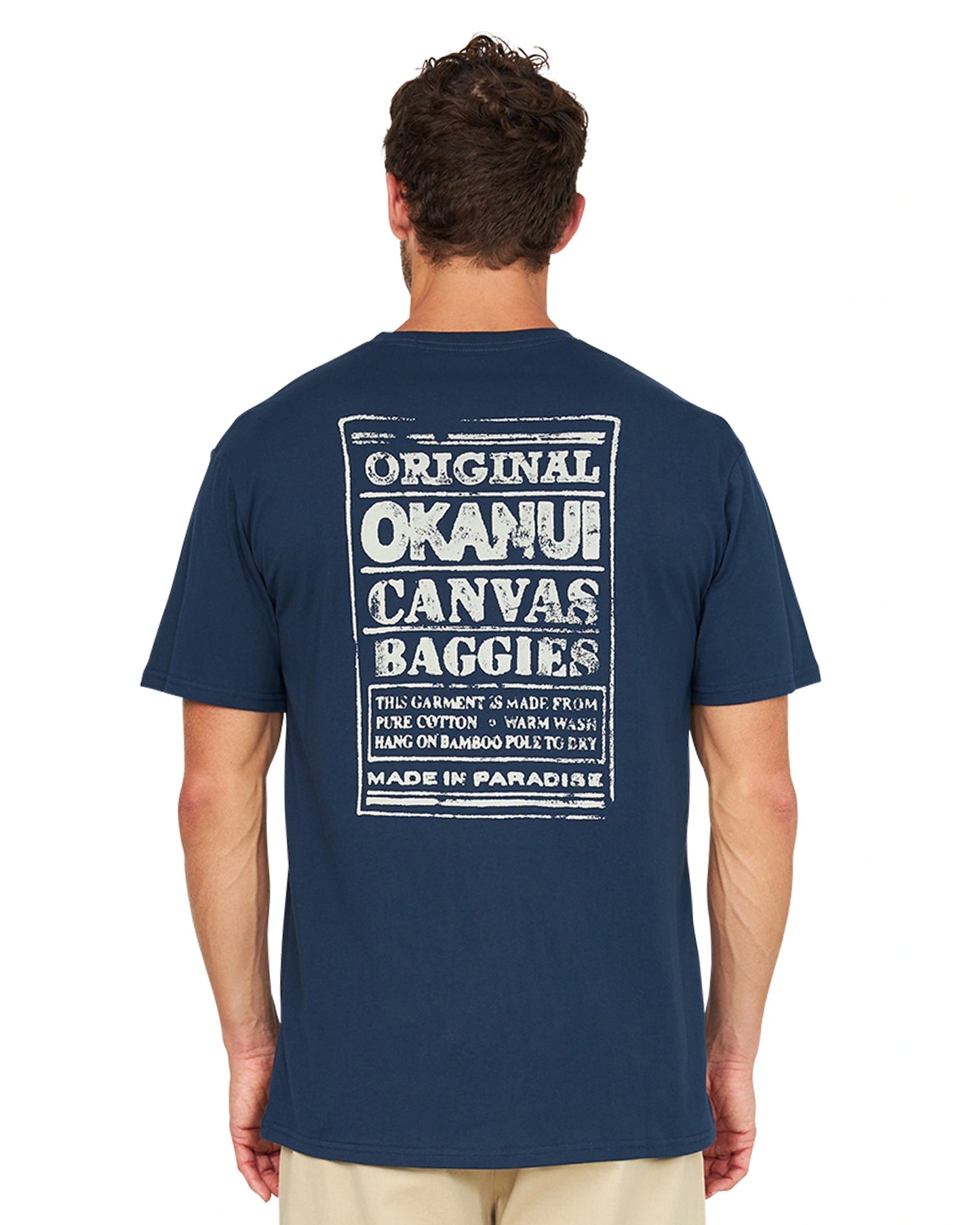 The Okanui OG Baggies T-Shirt in navy color showing the back print.