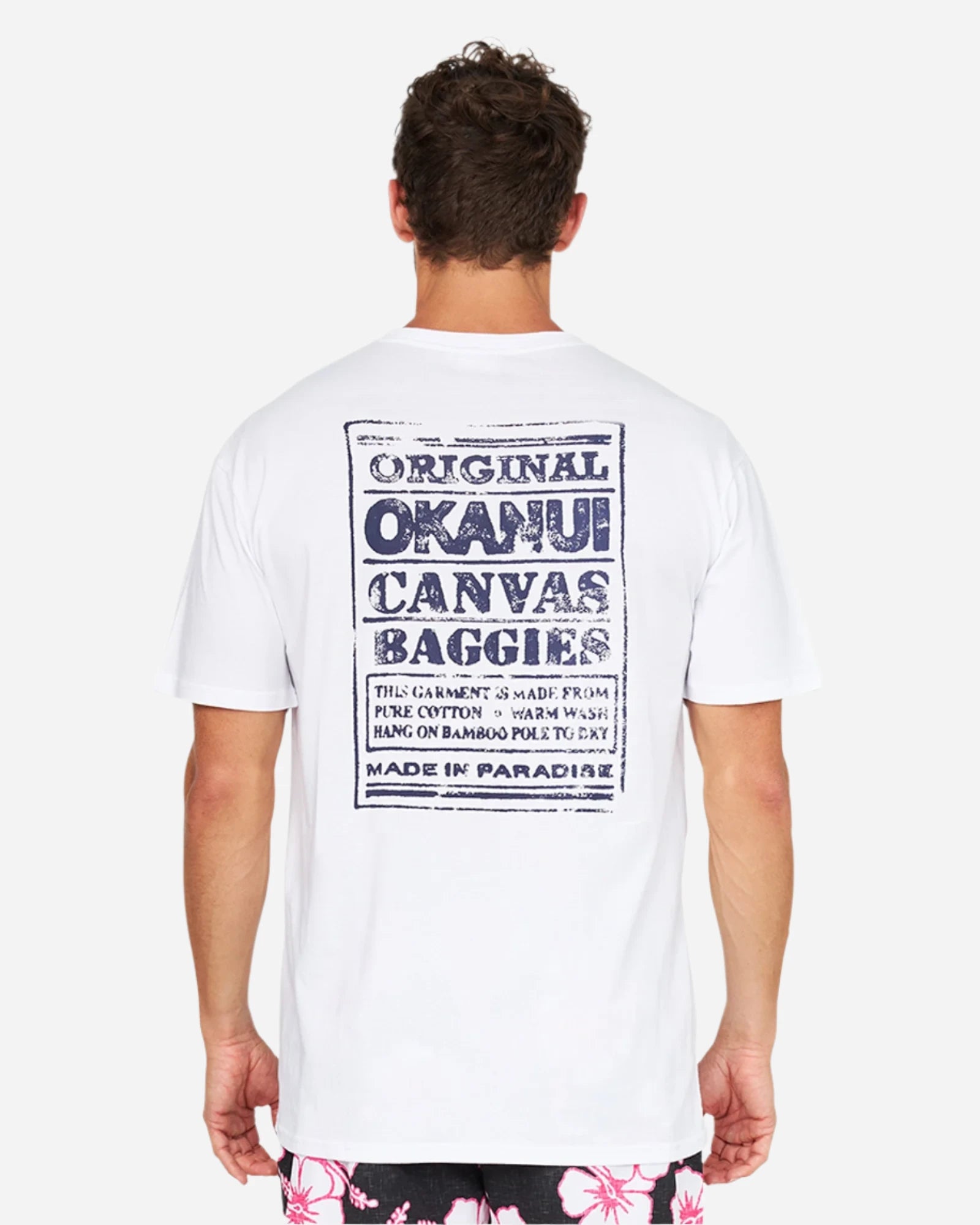 The back print of the Okanui OG Baggies T-Shirt for men in white color.