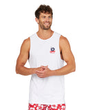 A casual front view of a male model wearing the Okanui Origins Tank in fresh White holding his hands together for a pose.