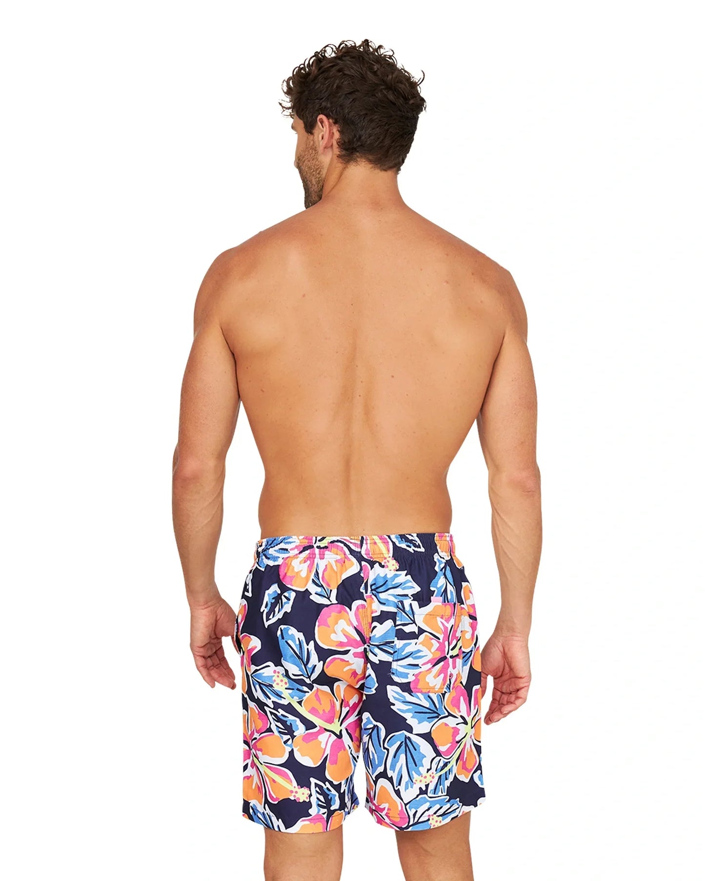 Back view of a male model wearing the Okanui Rhapsody Swim Short in navy multi.