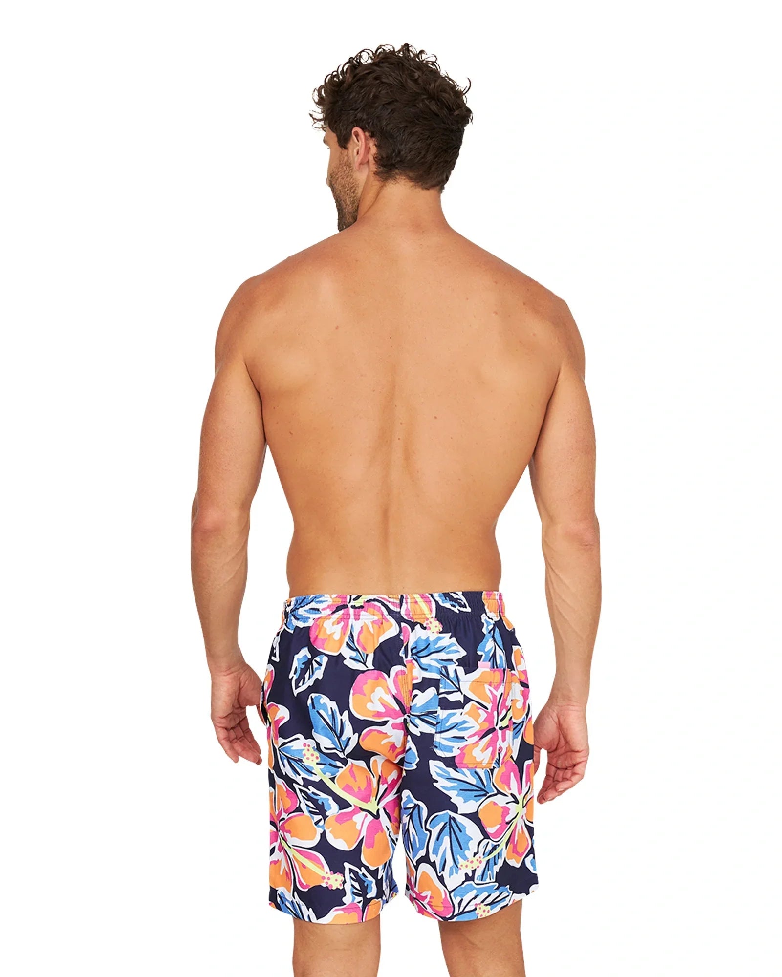 Back view of a male model wearing the Okanui Rhapsody Swim Short in navy multi.