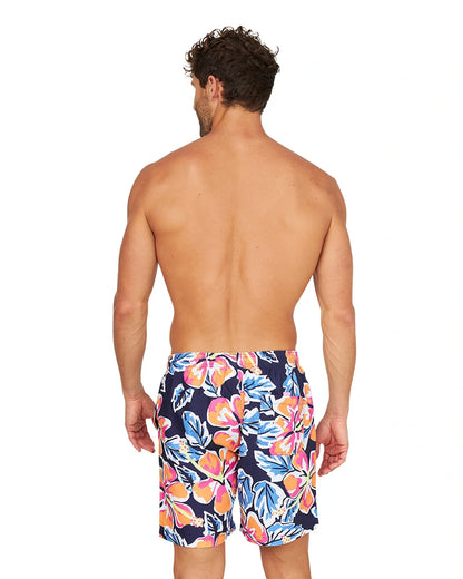 Back view of a male model wearing the Okanui Rhapsody Swim Short in navy multi.
