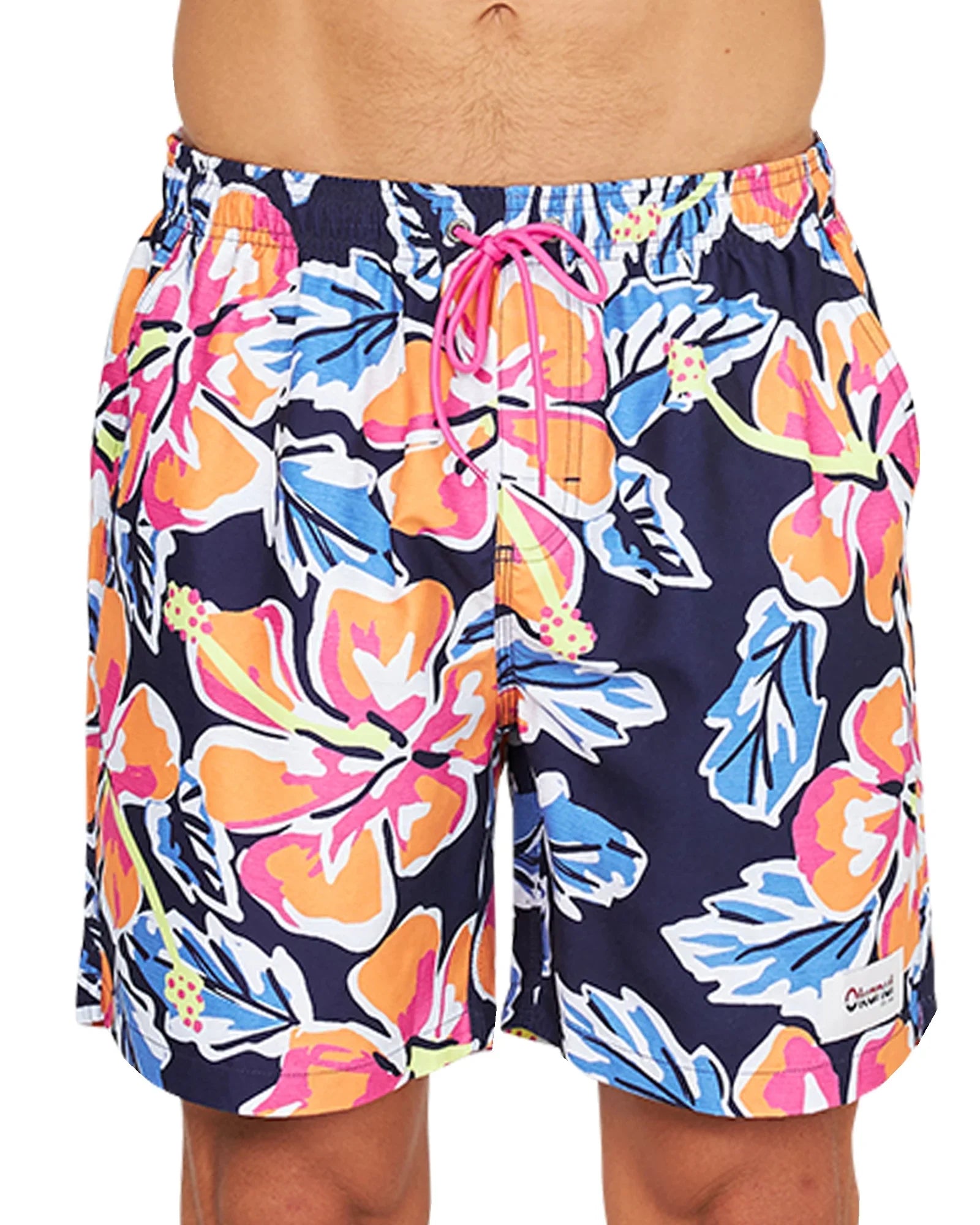 The Okanui Rhapsody Swim Short in navy multi color for men showcasing a vibrant Hibiscus flower with pink/orange/blue color scheme.