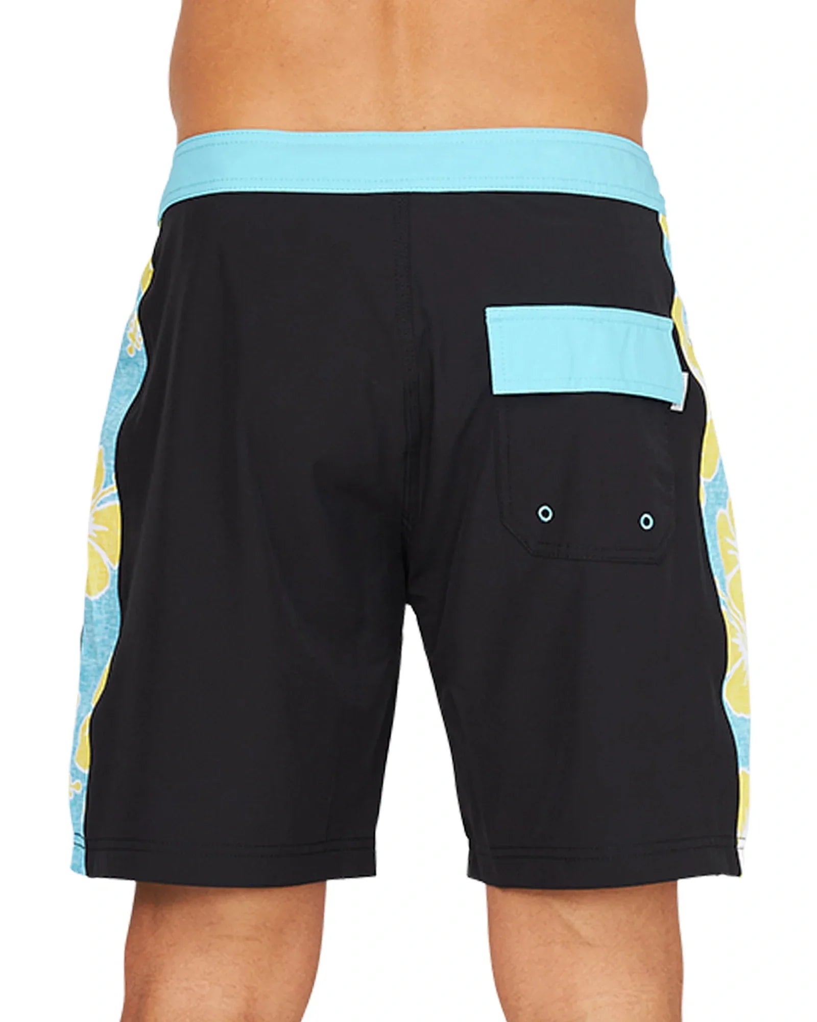 The Okanui Sidelines Boardrider Boardshort in Black in a close back view.