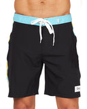 The Okanui Sidelines Boardrider Boardshort in Black in a close front view.