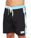 Okanui Sidelines Boardrider Boardshort in Black in a close front view featuring the patch logo on the left leg and white drawcord with velcro fly and fix waist.