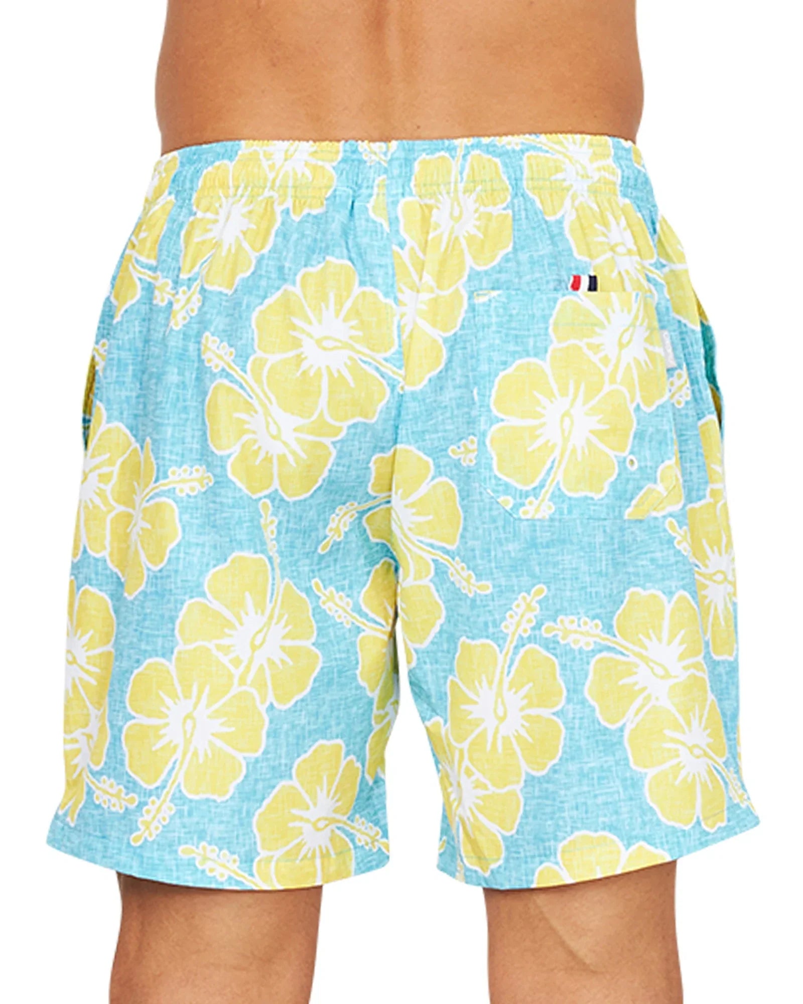 Close up back view of the Okanui Way Back When Stretch Swim Short in Aqua Yellow.
