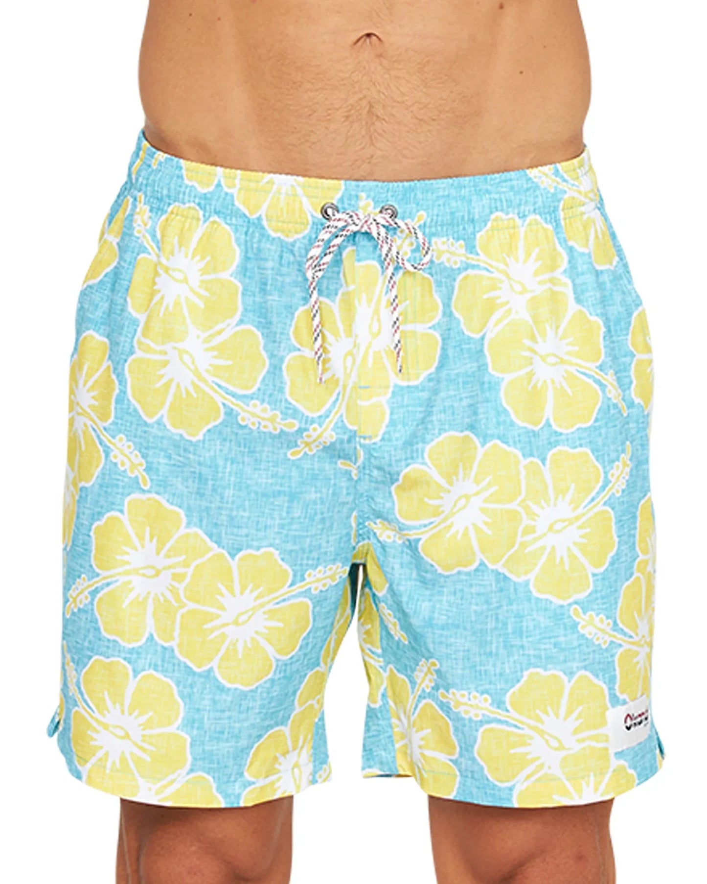 A close up view of the Okanui Way Back When Stretch Swim Short in Aqua Yellow.