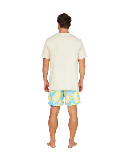 A full back view of a male model wearing the Okanui Way Back When Stretch Swim Short in Aqua Yellow and a birch Okanui Logo Tee.