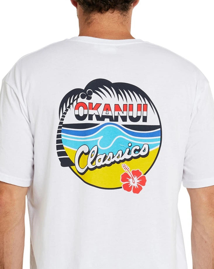 A much closer view of the back print of Okanui Classic Badge T-shirt in white featuring a cartoon of a beach and the logo of Okanui and the word "Classic".