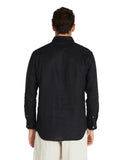 Back view of the side of Okanui Autumn Linen long sleeve shirt in black.