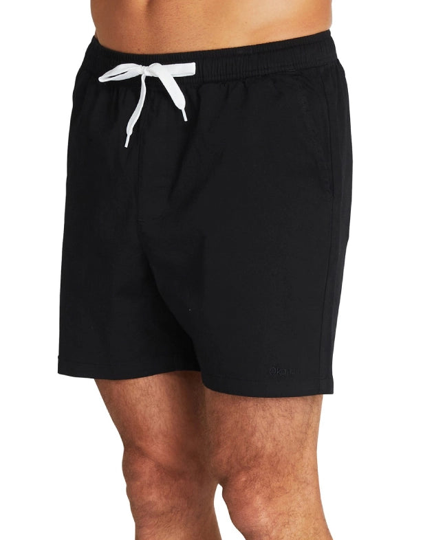 A close up side view of the Okanui Walk Shorts emphasizing the white drawcord and elastic waist.