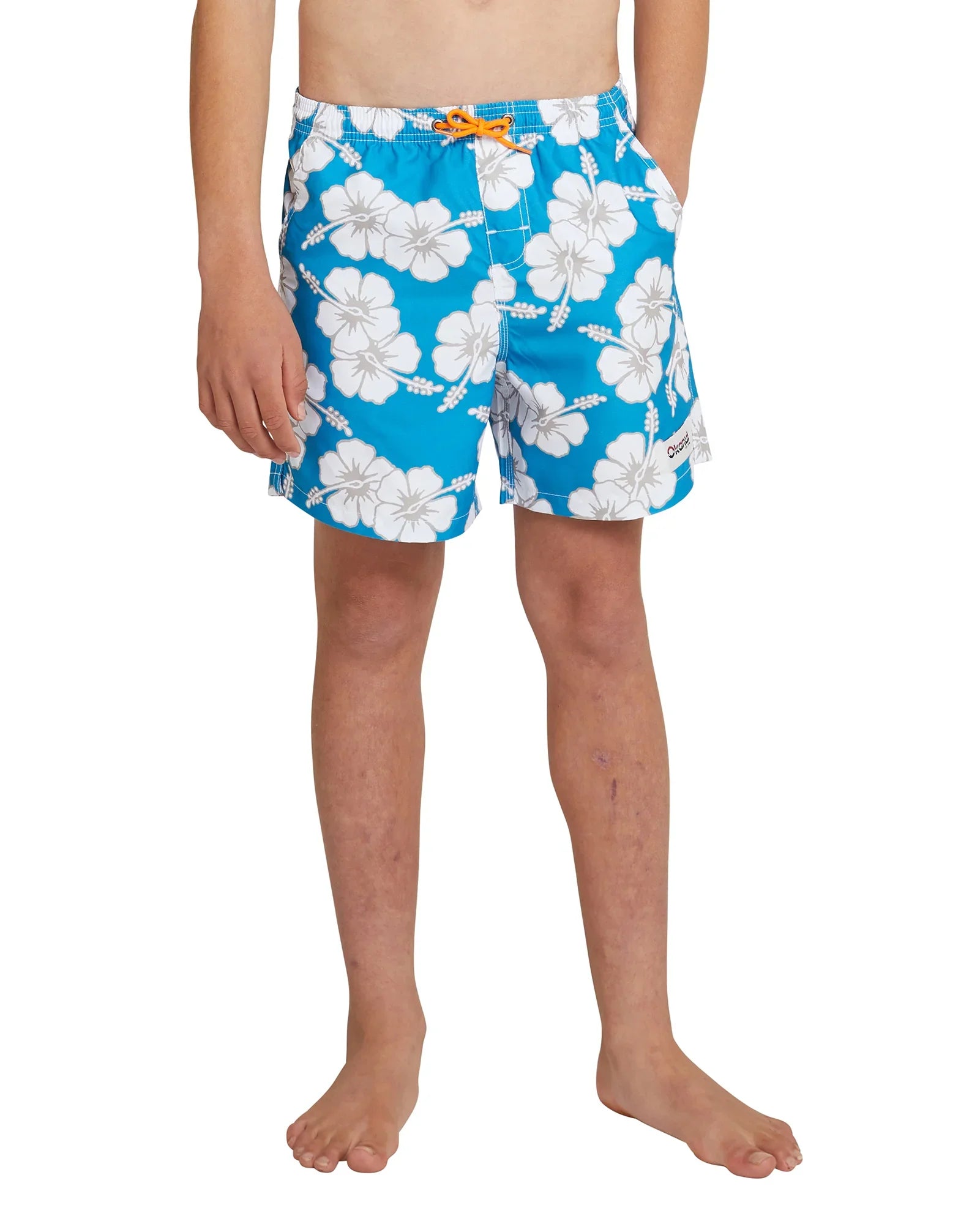Front view of the Okanui Boys Swim Short in Storm Blue with hand in the pocket