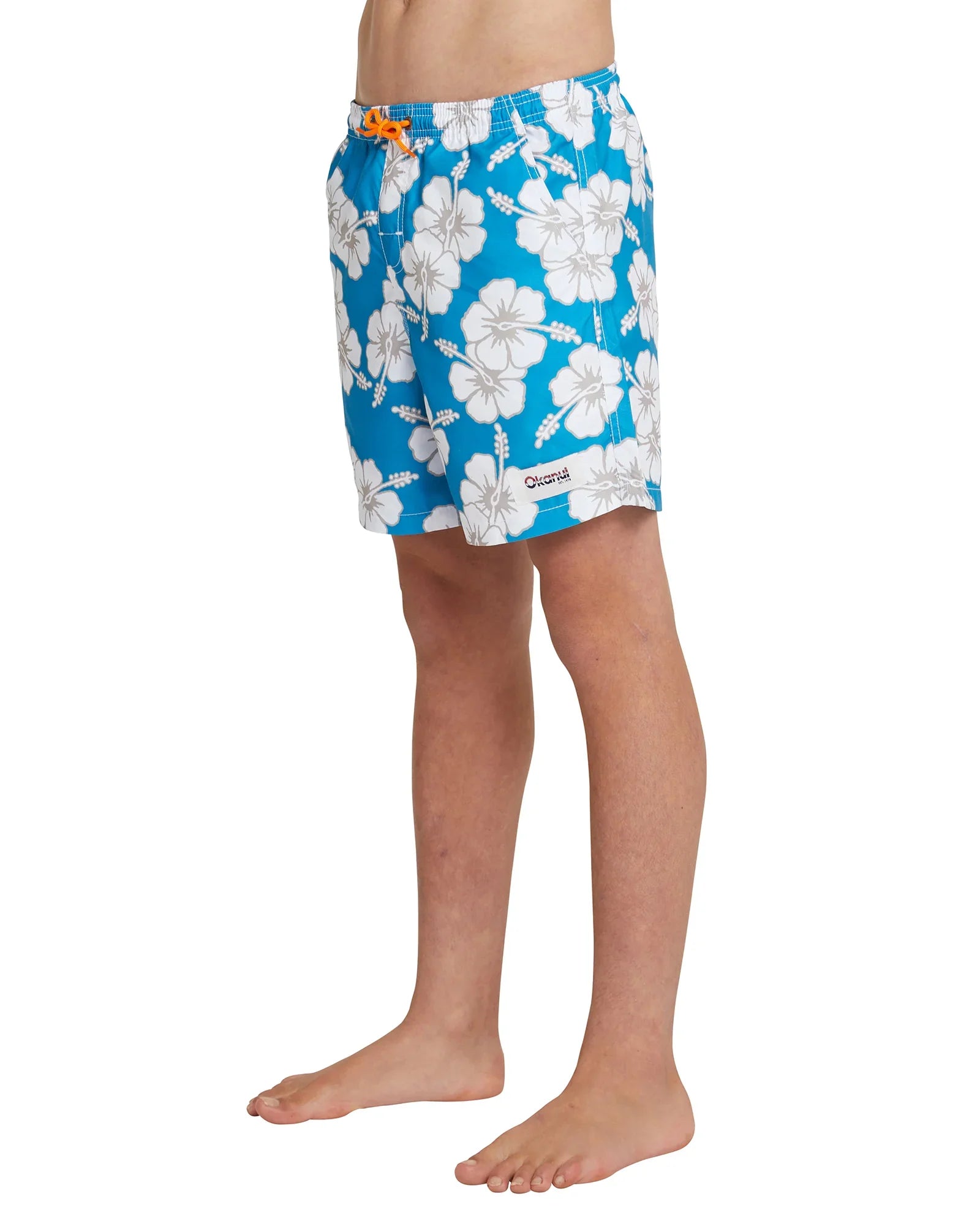 Left side view of the Okanui Boys Swim Short in Storm Blue