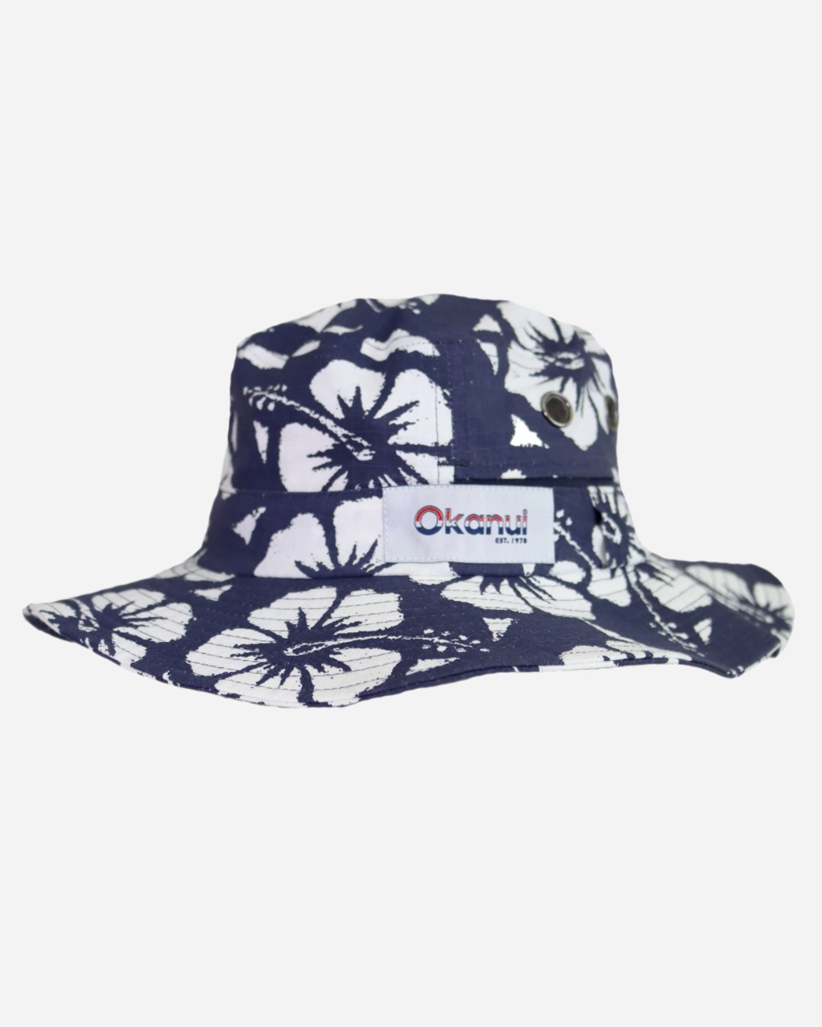 Front view of the Okanui Classic Boonie Hat in Hibiscus Navy Print