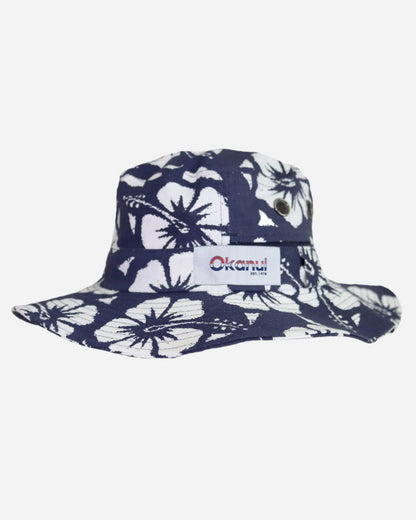 Front view of the Okanui Classic Boonie Hat in Hibiscus Navy Print