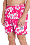 The classic Okanui short shorts with white and dark pink hibiscus flower.