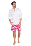 Okanui classic short shorts with white and dark pink hibiscus flower design paired with a plain white top short sleeve. 