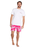 A classic white and dark pink short shorts  worn with a simple white top shirt with the Okanui logo displayed in the left side corner.