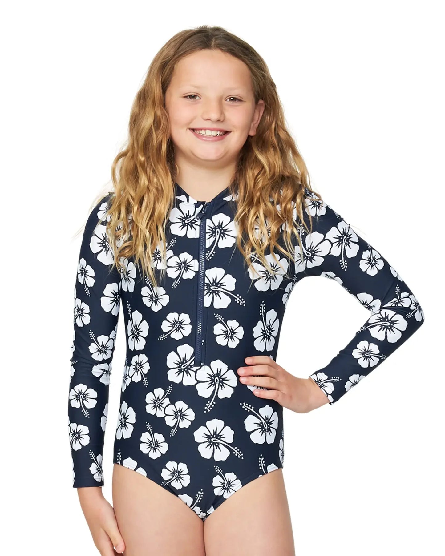 Girls - Swim One Piece - Long Sleeve - Classic Hibiscus Navy