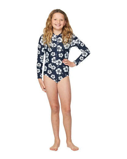 Girls - Swim One Piece - Long Sleeve - Classic Hibiscus Navy