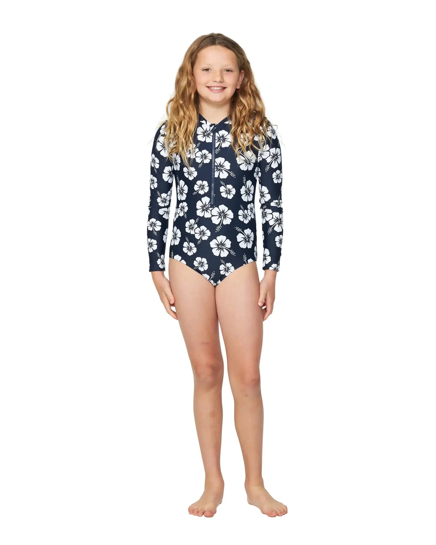Girls - Swim One Piece - Long Sleeve - Classic Hibiscus Navy