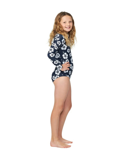 Girls - Swim One Piece - Long Sleeve - Classic Hibiscus Navy