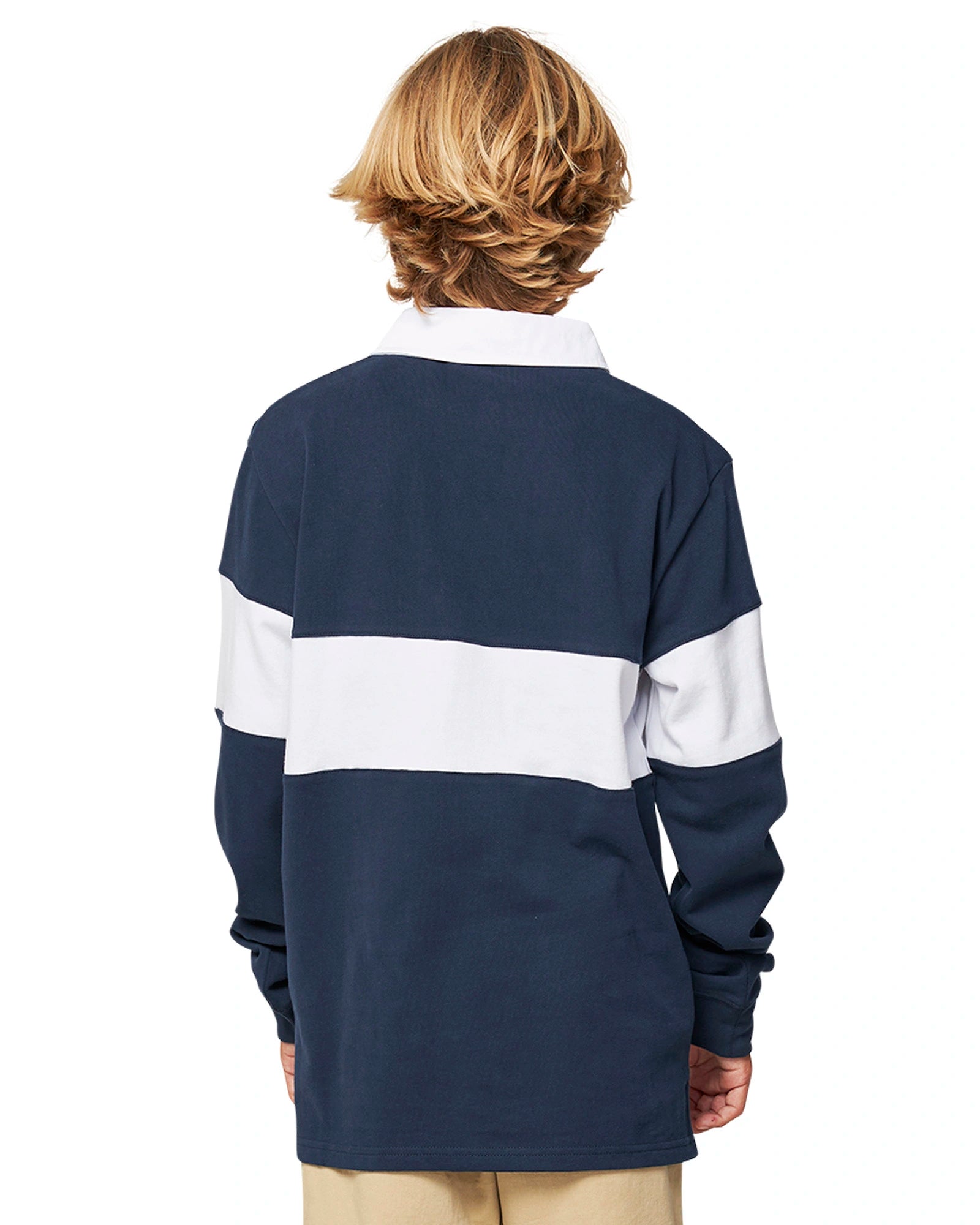 Closeup back view of a boy wearing the Okanui Heritage Rugby Top and Jumpers in Navy/White