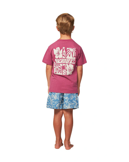 Full body back view of a little boy wearing the Okanui Jungle Tee T-shirt in Garnet