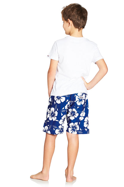 A classic kids short with blue and white hibiscus flower showing the back part. 