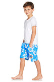 A classic kids short with sky blue and white hibiscus flower showing the side part with a logo in the lower left bottom.